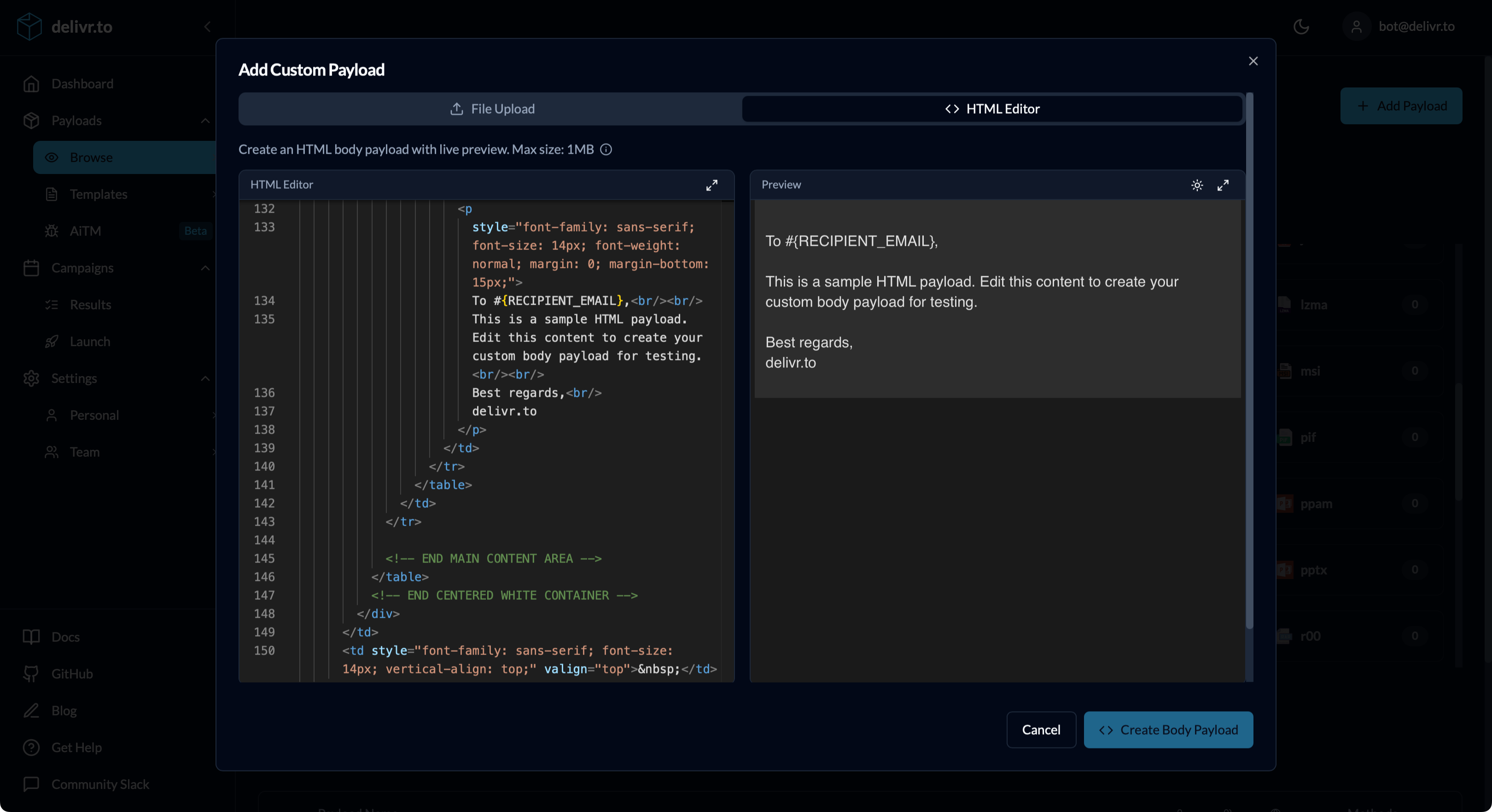 Custom payload body upload