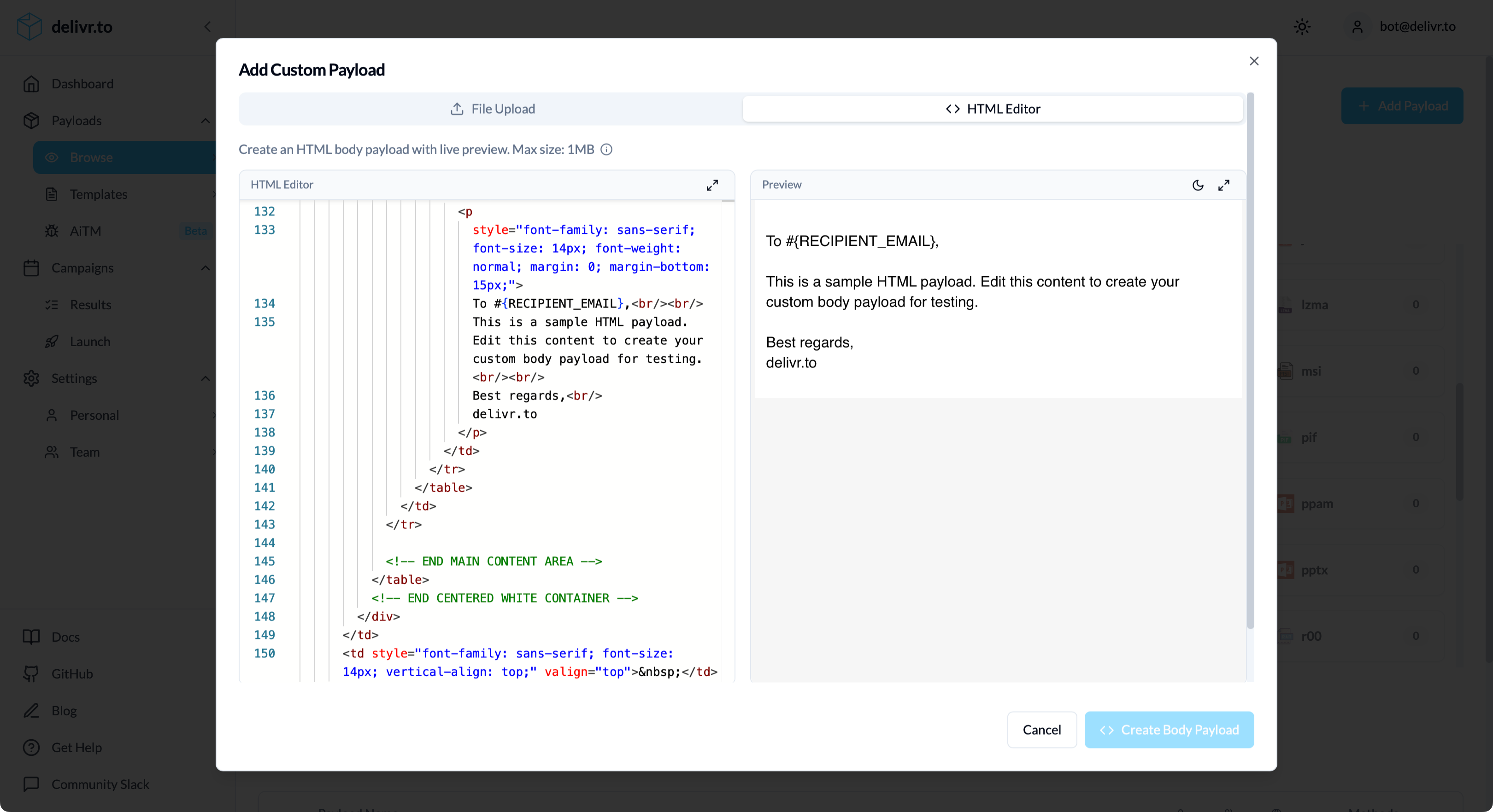 Custom payload body upload