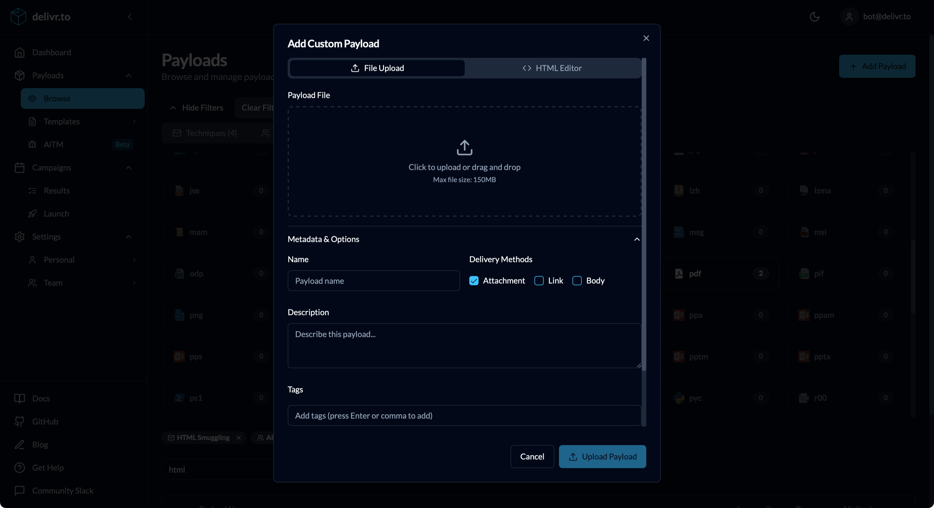 Custom payload file upload