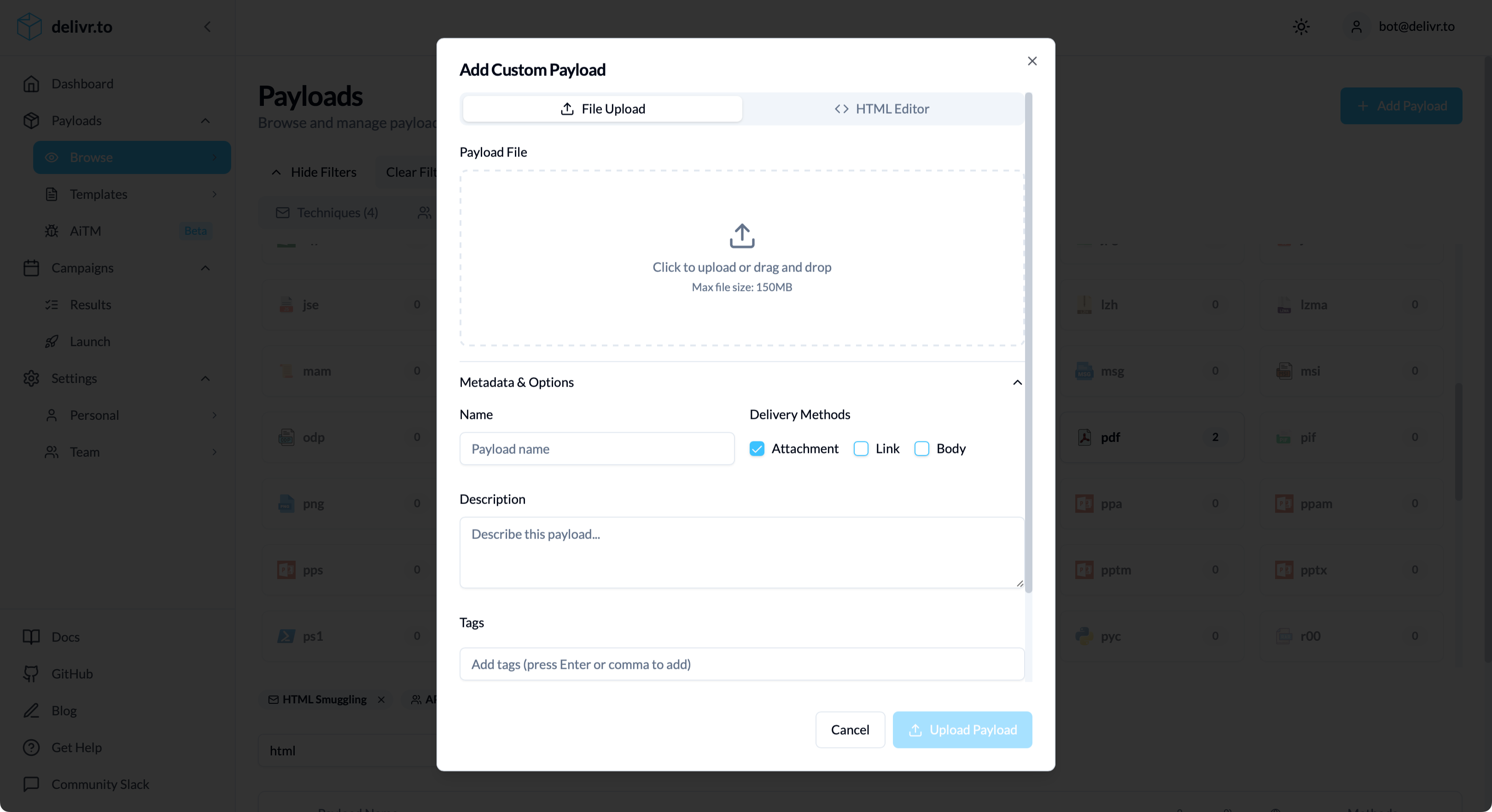 Custom payload file upload